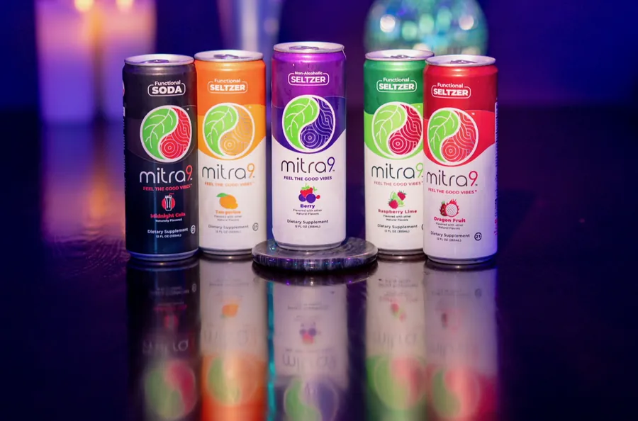 Mitra9 functional sodas and seltzers in Midnight Cola, Tangerine, Berry, Raspberry Lime and Dragon Fruit at Decades Kava